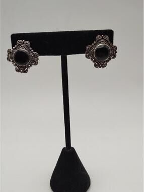 Vintage 925 Sterling Silver Marcasite & Black Onyx Earrings